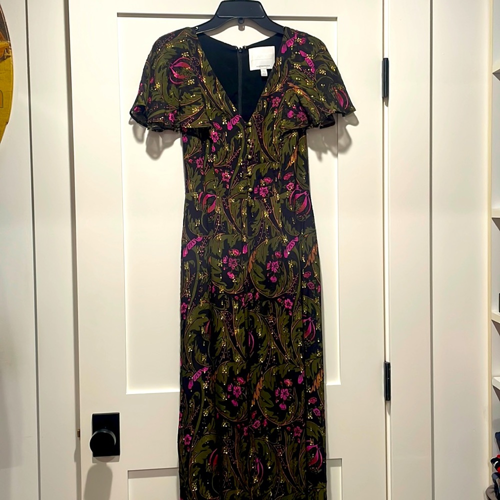 Jumpsuit by Anthropologie. Green/black/pink/gold foil. Size 2.